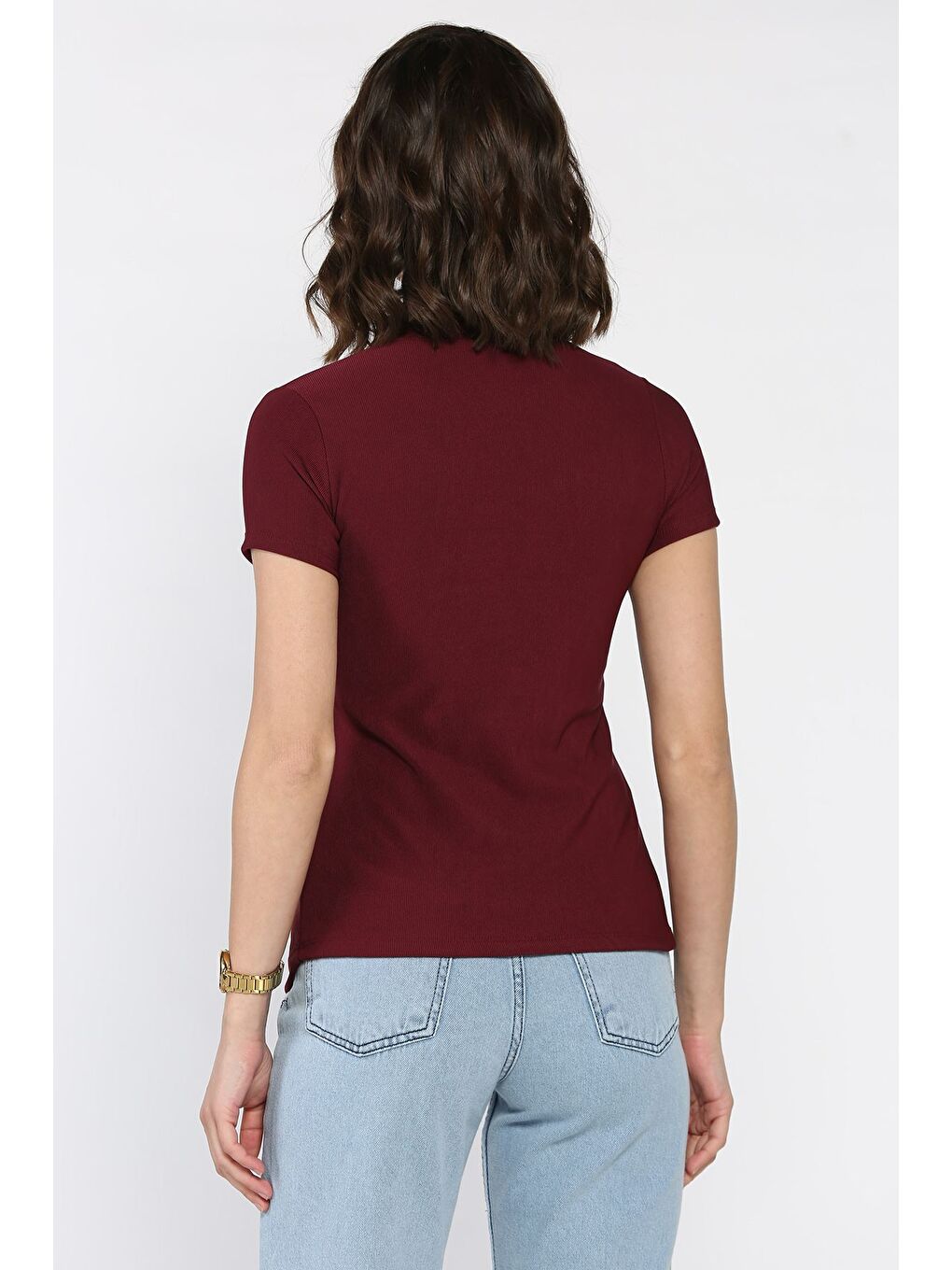 Mürdüm Gold Düğme Detaylı Yırtmaçlı Ottoman Kumaş Tarz Bluz-2