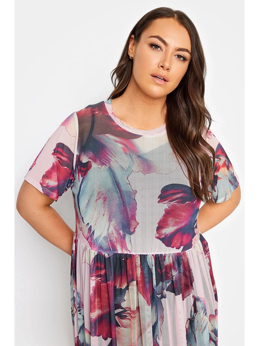 Stil Diva Pembe Büyük Beden Bisiklet Yaka İçi Astarlı Desenli Midi Boy Tül Elbise 302707 - 1