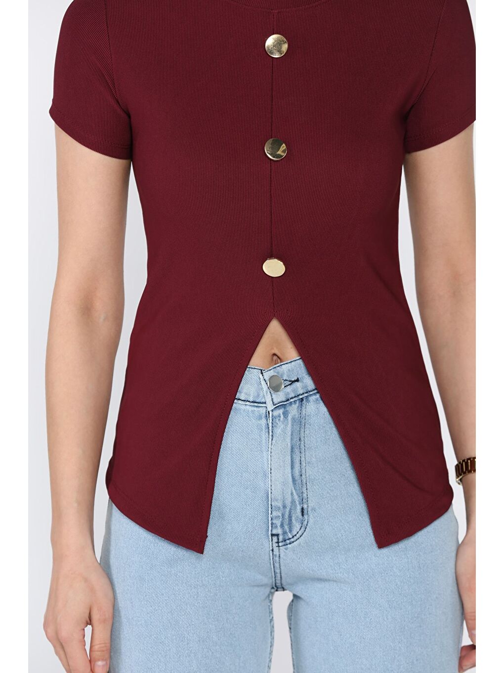 Mürdüm Gold Düğme Detaylı Yırtmaçlı Ottoman Kumaş Tarz Bluz-3