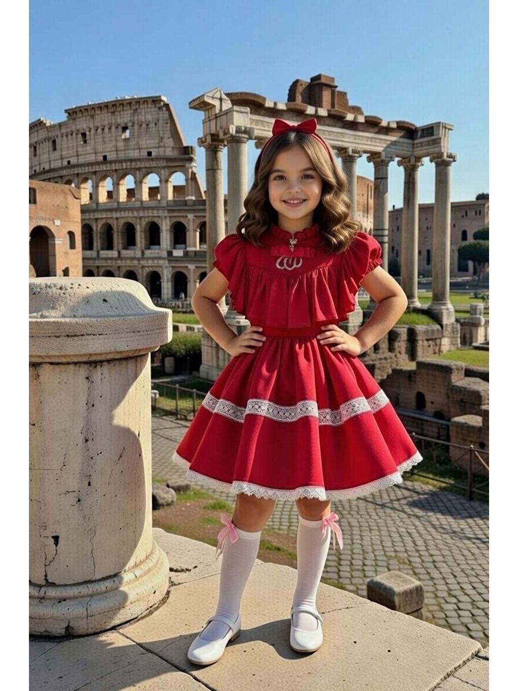 Kız Çocuk Göğsü ve Omuzları Fırfırlı Eteği Piliseli Dantel Şerit Detaylı Kolsuz Kırmızı Elbise