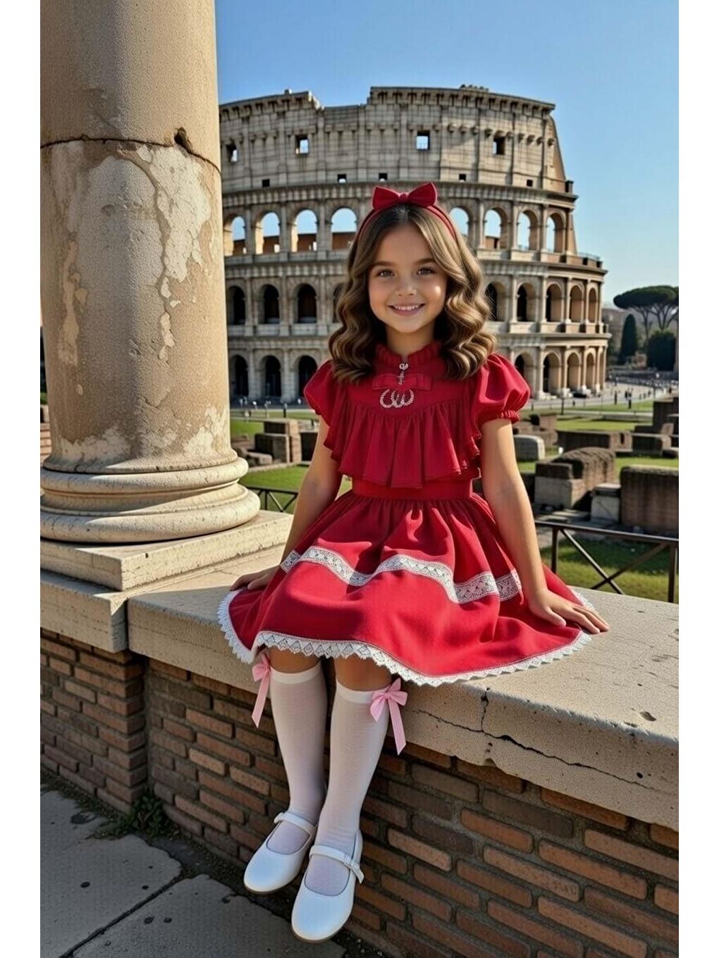 Kız Çocuk Göğsü ve Omuzları Fırfırlı Eteği Piliseli Dantel Şerit Detaylı Kolsuz Kırmızı Elbise-1