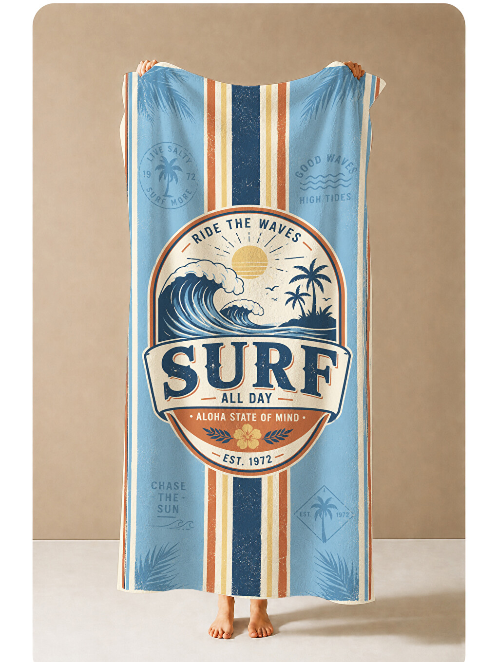 Retro Surf Rozetli Mavi Çizgili Yazlık Desenli 70x150 Plaj Havlusu - Dijital Baskılı Banyo Havlusu-1