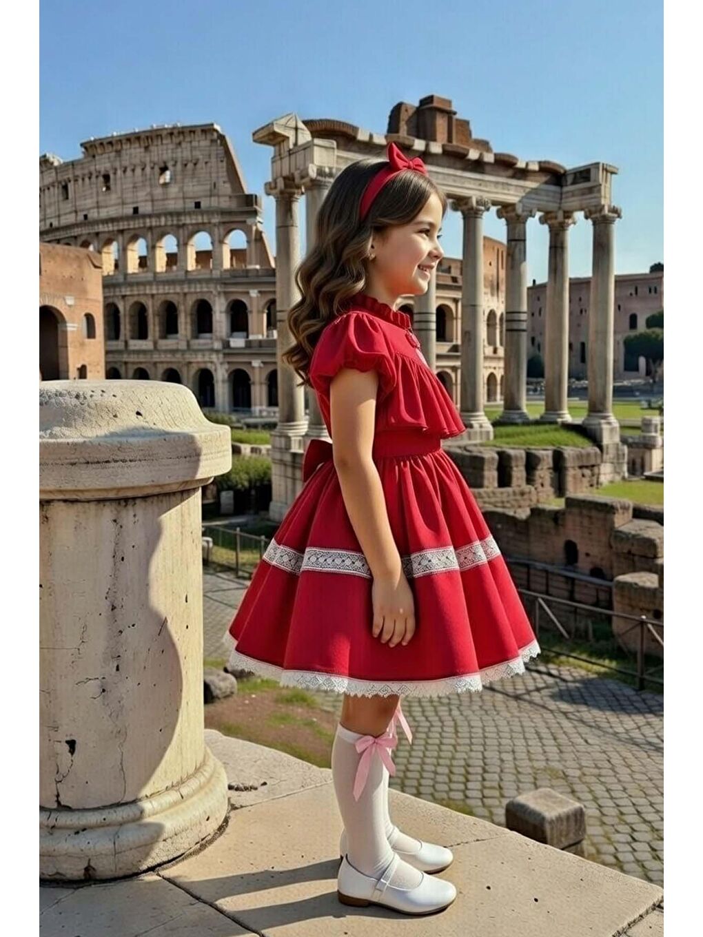 Kız Çocuk Göğsü ve Omuzları Fırfırlı Eteği Piliseli Dantel Şerit Detaylı Kolsuz Kırmızı Elbise-2