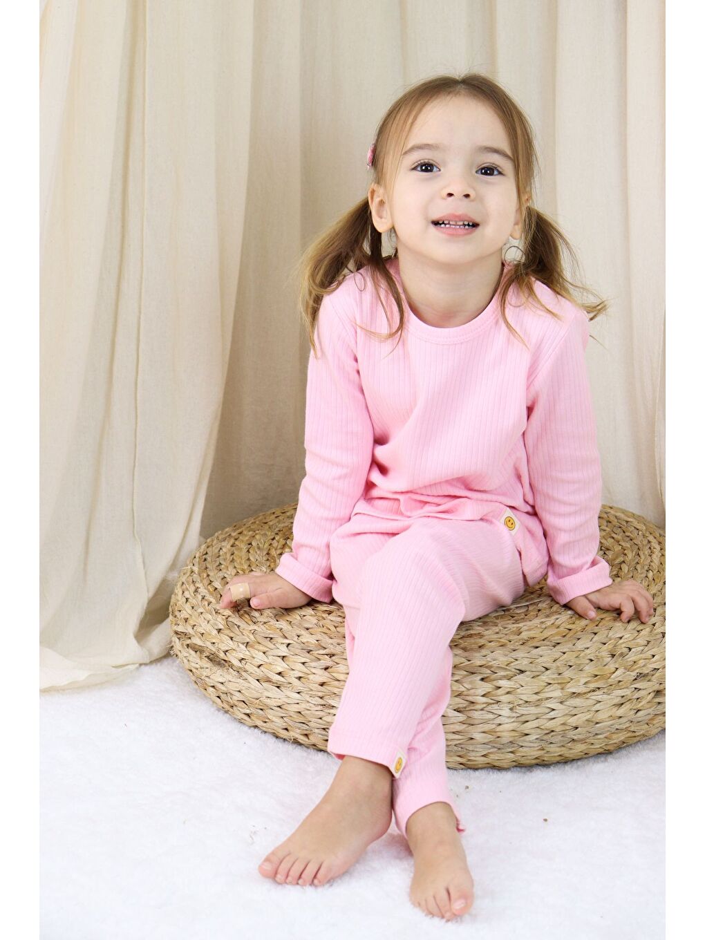 Pembe Basic Fitilli İnterlok Kumaş %100 Pamuk 1-5 Yaş Beyaz Bebek Pijama Takımı