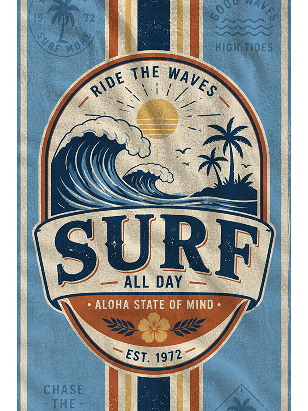 Retro Surf Rozetli Mavi Çizgili Yazlık Desenli 70x150 Plaj Havlusu - Dijital Baskılı Banyo Havlusu-2