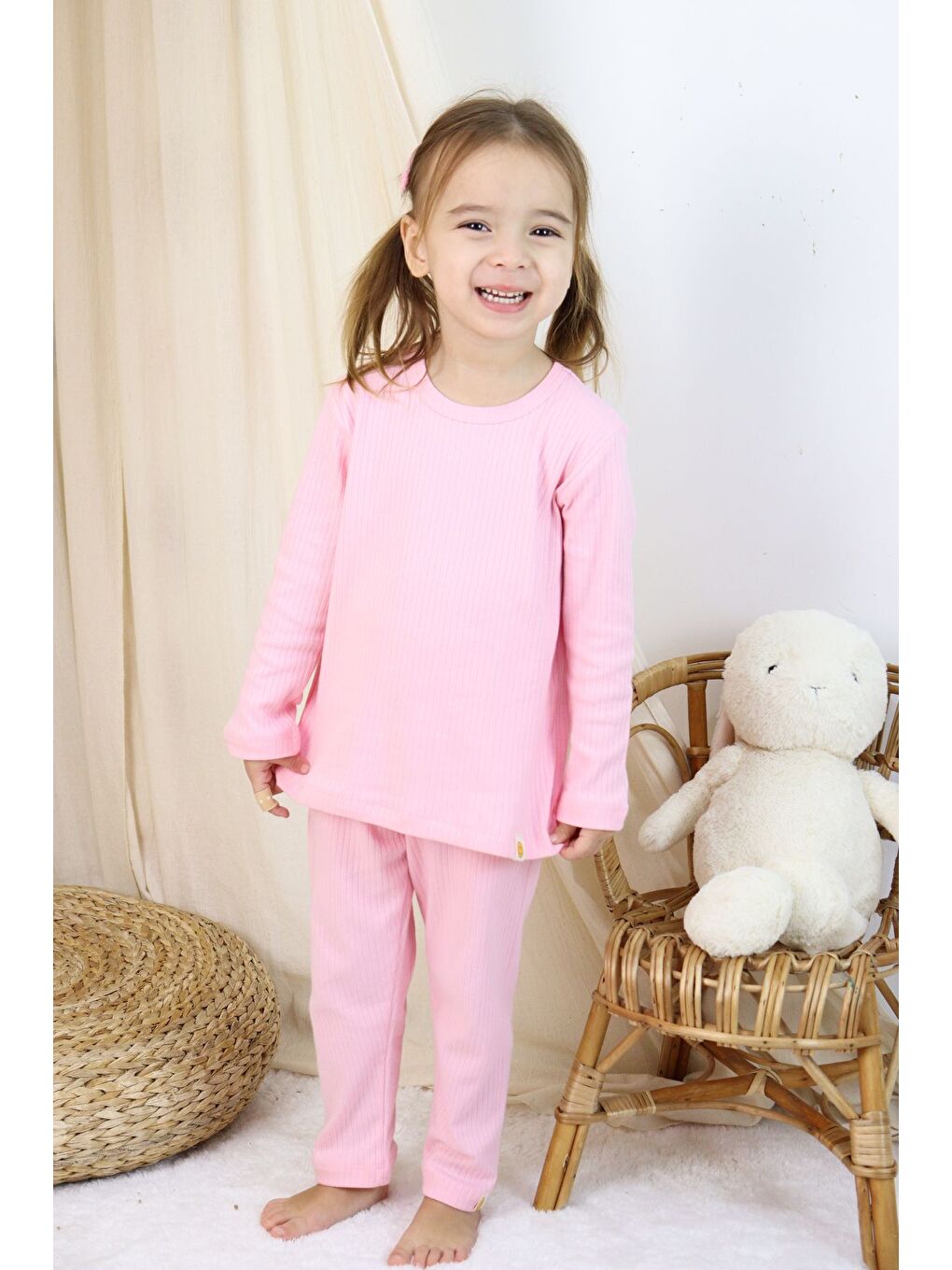 Pembe Basic Fitilli İnterlok Kumaş %100 Pamuk 1-5 Yaş Beyaz Bebek Pijama Takımı-1
