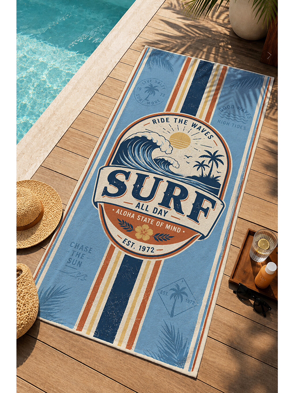 Retro Surf Rozetli Mavi Çizgili Yazlık Desenli 70x150 Plaj Havlusu - Dijital Baskılı Banyo Havlusu-3