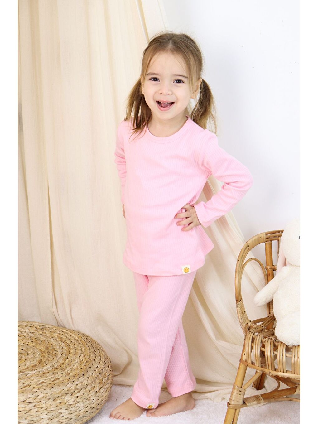 Pembe Basic Fitilli İnterlok Kumaş %100 Pamuk 1-5 Yaş Beyaz Bebek Pijama Takımı-3