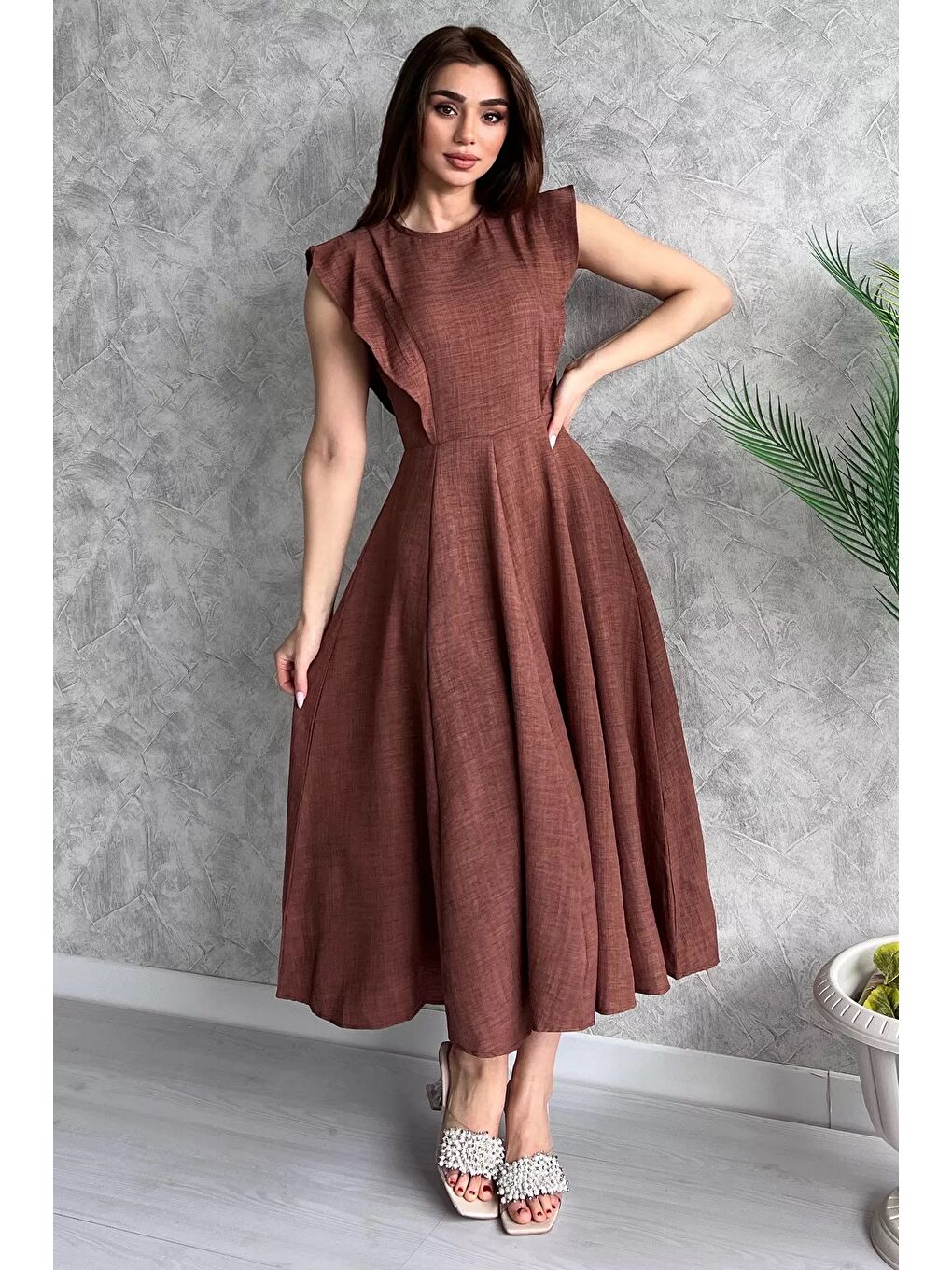 Kahverengi Kadın Bisiklet Yaka Kiloş Elbise-1