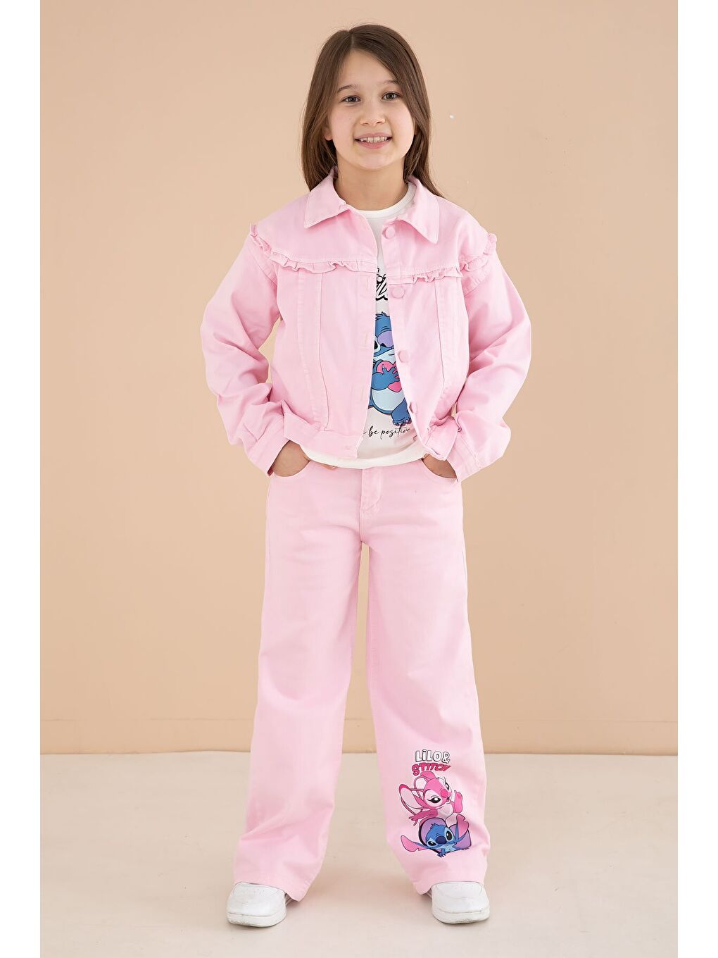 Açık Pembe Sevimli Karakter Baskılı Ceketli ve Pantolonlu 3lü Kız Çocuk Takım 23588