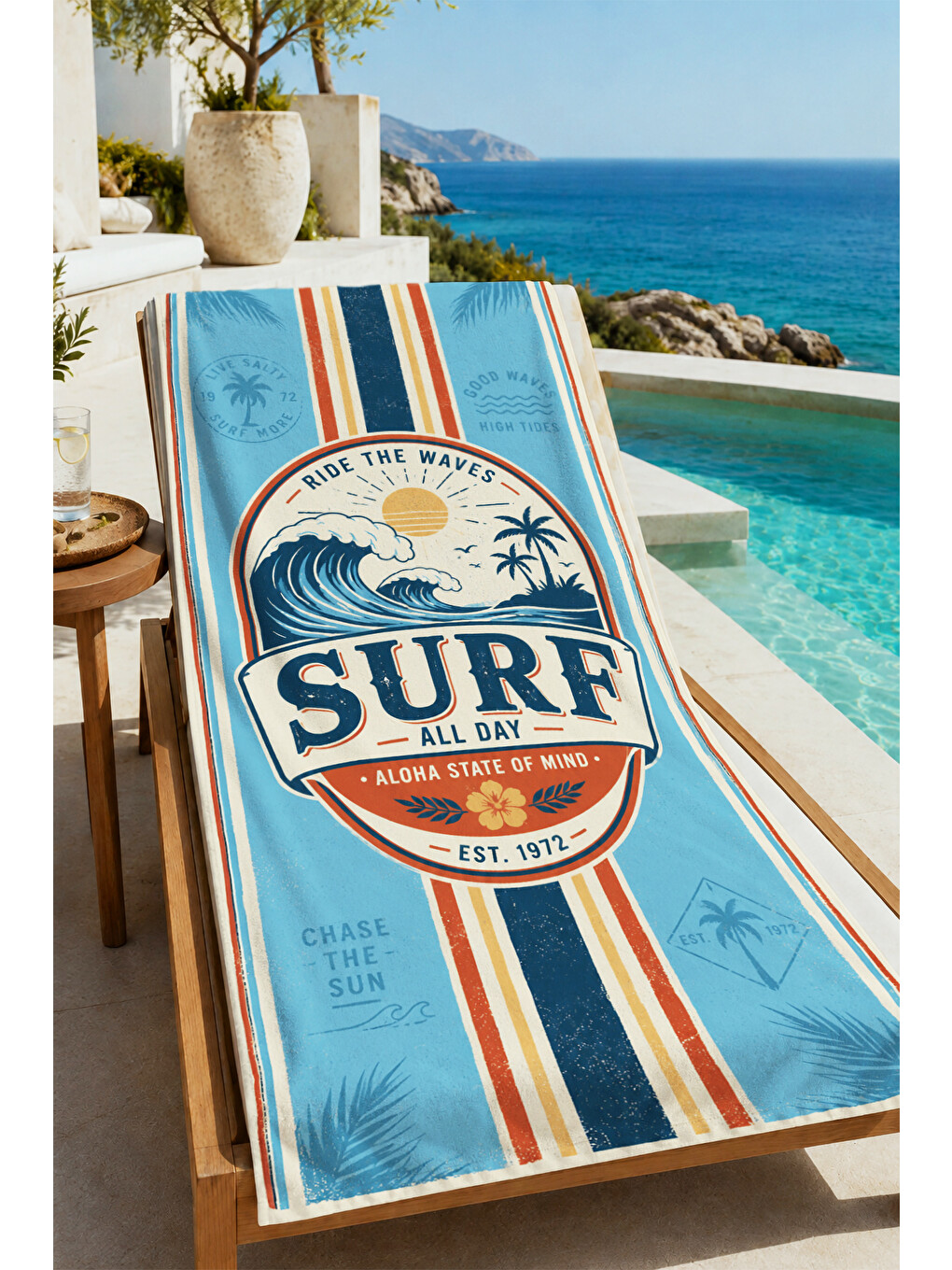 Retro Surf Rozetli Mavi Çizgili Yazlık Desenli 70x150 Plaj Havlusu - Dijital Baskılı Banyo Havlusu-4