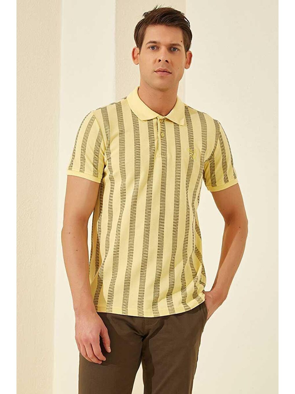 Sarı Desen Çizgili Standart Kalıp Polo Yaka Erkek Tişört - 87805
