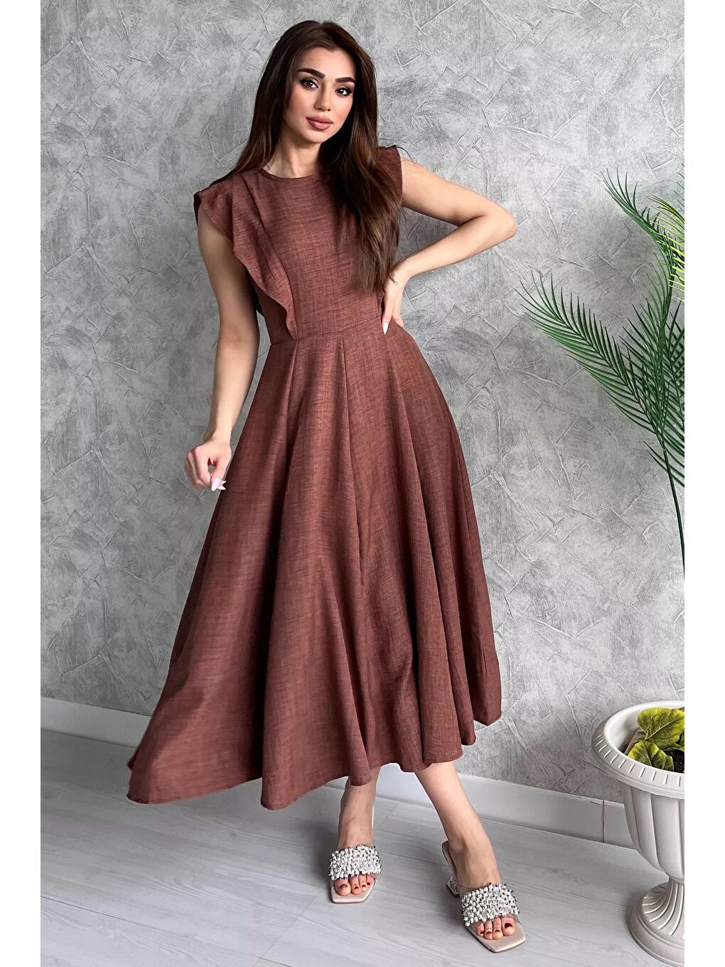 Kahverengi Kadın Bisiklet Yaka Kiloş Elbise-2