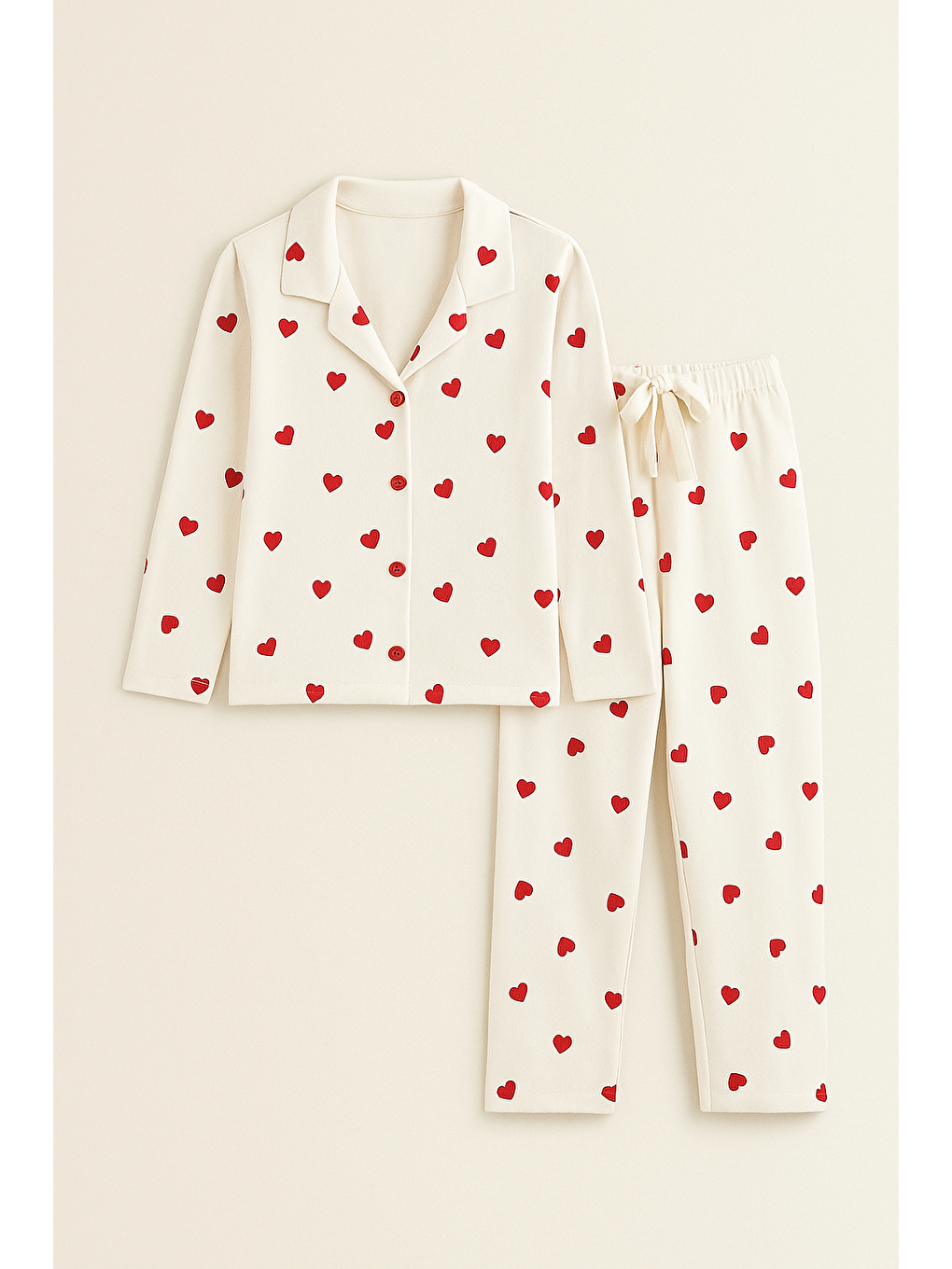 Kız Çocuk Kalpli Pijama Takımı Ekru-2