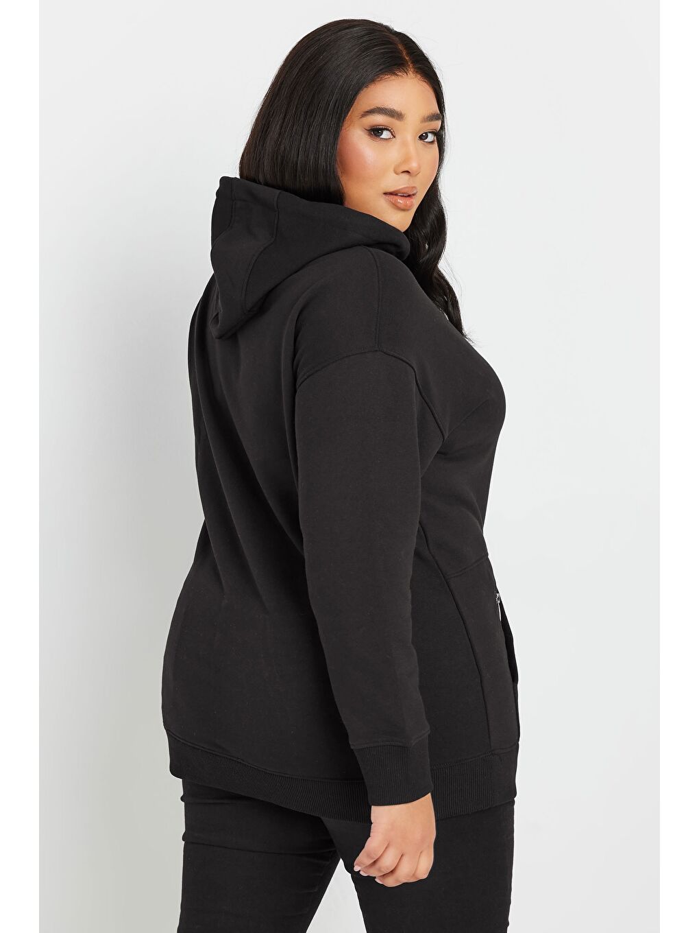 Siyah Büyük Beden Kapüşonlu Cepli Fermuar Detaylı Sweatshirt 303800-4