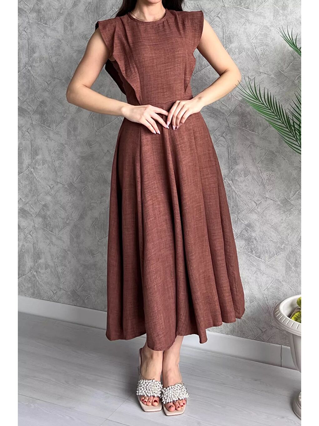 Kahverengi Kadın Bisiklet Yaka Kiloş Elbise-4