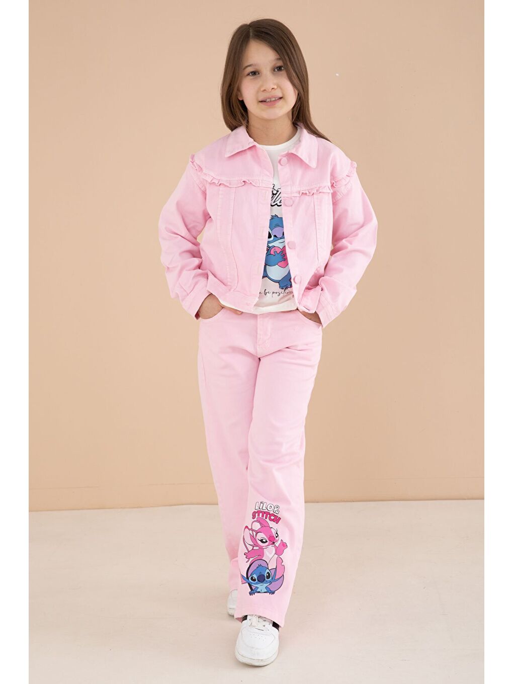 Açık Pembe Sevimli Karakter Baskılı Ceketli ve Pantolonlu 3lü Kız Çocuk Takım 23588-2