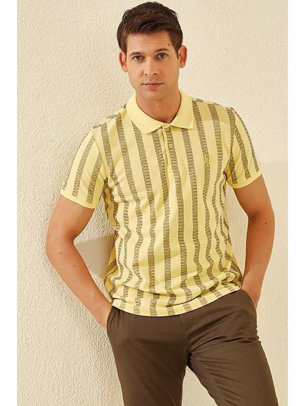 Sarı Desen Çizgili Standart Kalıp Polo Yaka Erkek Tişört - 87805-1