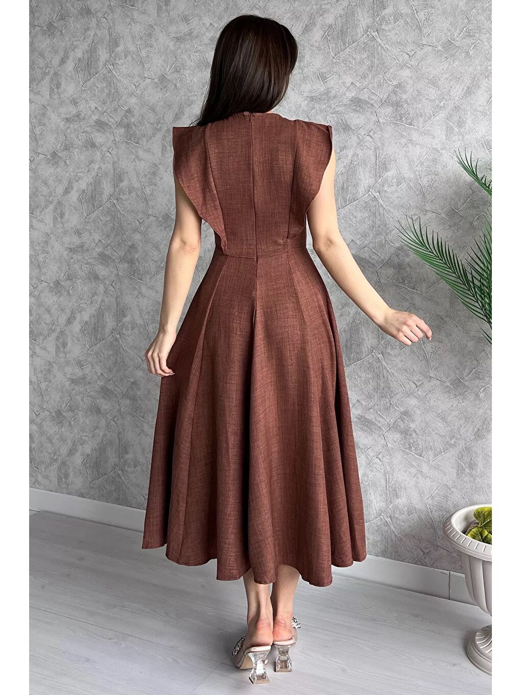 Kahverengi Kadın Bisiklet Yaka Kiloş Elbise-6