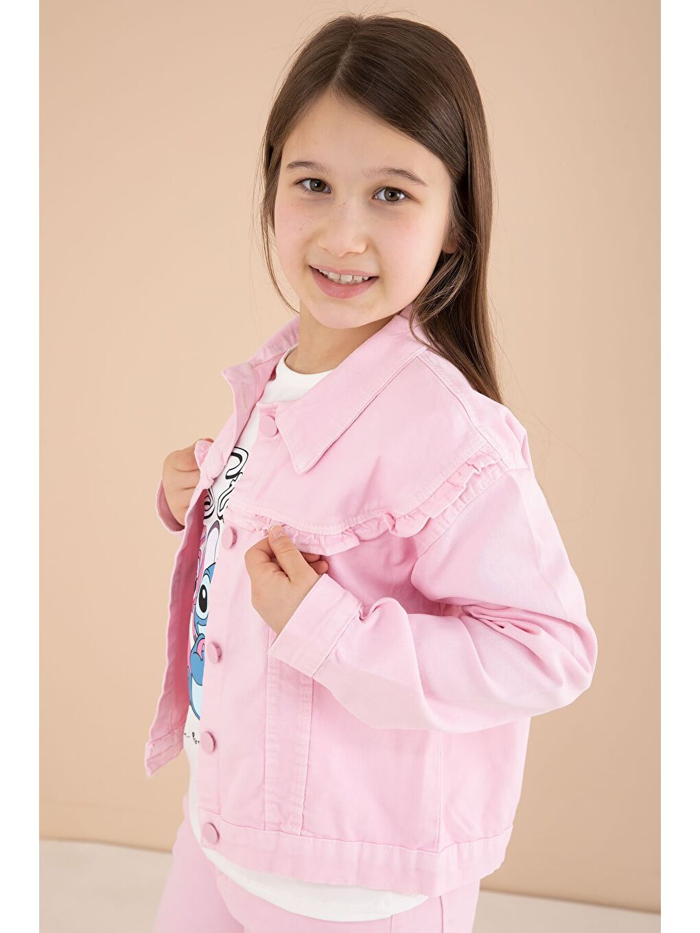 Açık Pembe Sevimli Karakter Baskılı Ceketli ve Pantolonlu 3lü Kız Çocuk Takım 23588-3