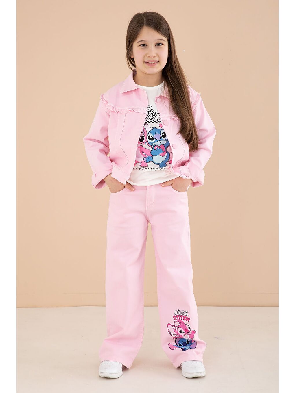 Açık Pembe Sevimli Karakter Baskılı Ceketli ve Pantolonlu 3lü Kız Çocuk Takım 23588-4