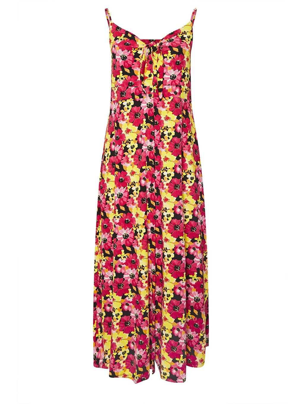 Karışık Büyük Beden Önü Büzgülü Askılı Çiçek Desenli Düğmeli Elbise 303481-5