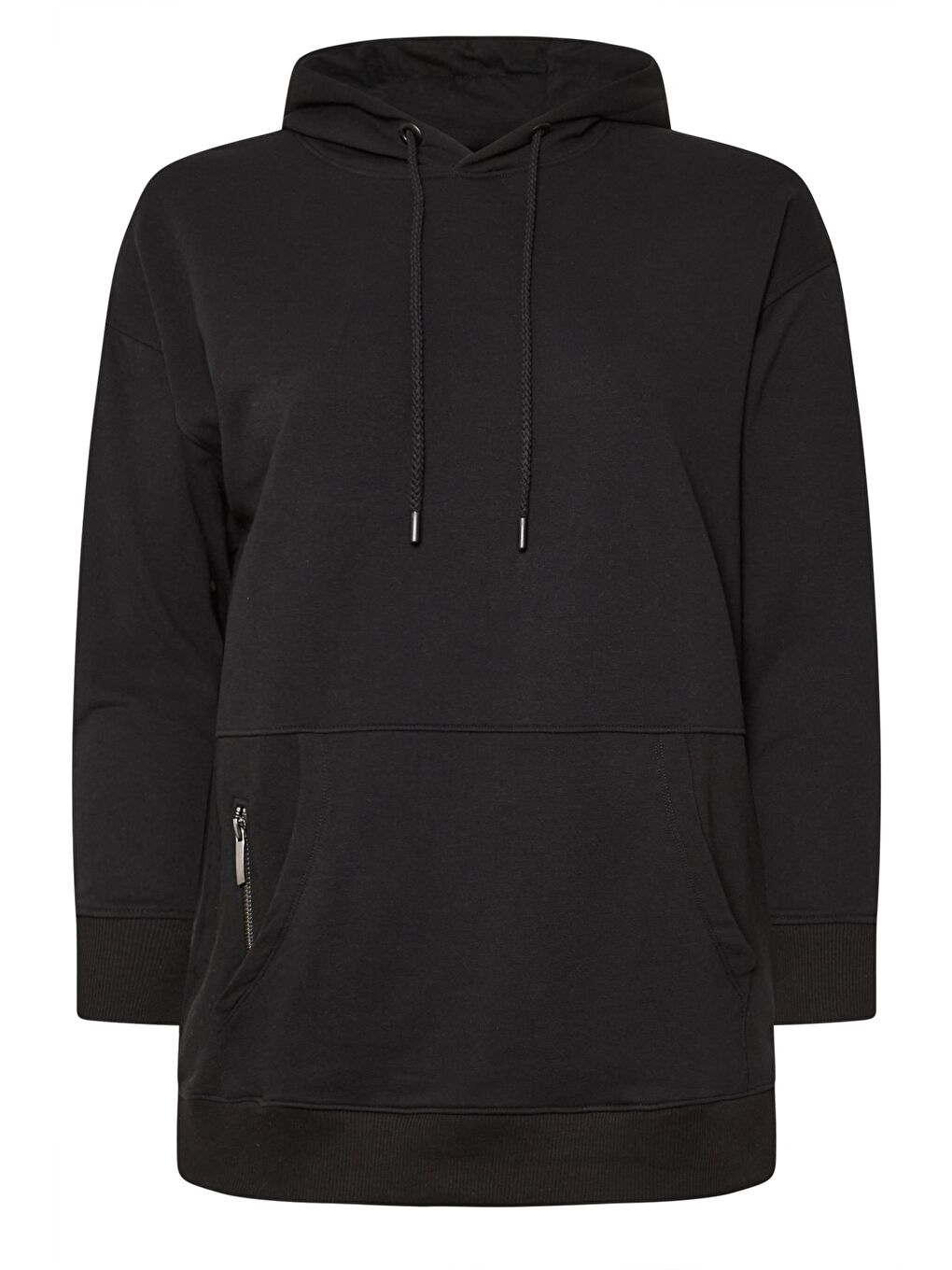 Siyah Büyük Beden Kapüşonlu Cepli Fermuar Detaylı Sweatshirt 303800-6
