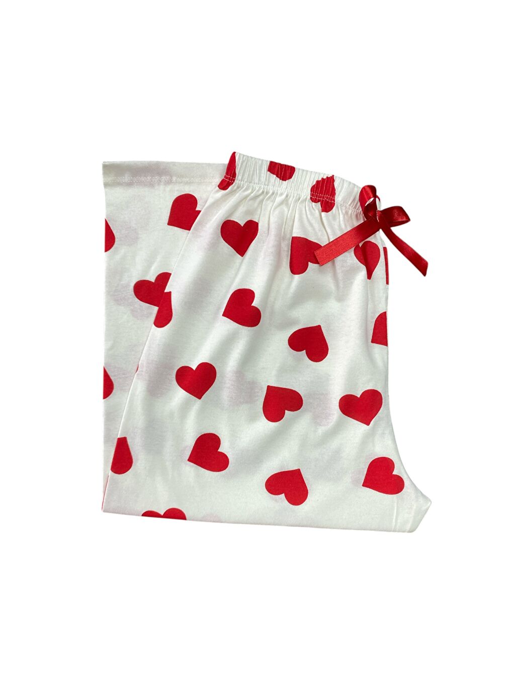 Beyaz Kadın Kırmızı Kalpli Pamuklu Lastikli Rahat Kapri Pijama Altı-1