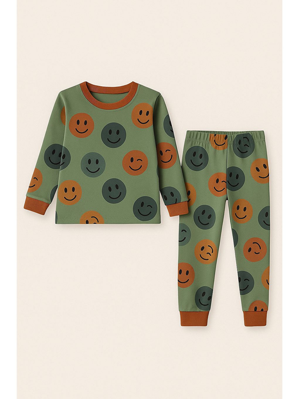 Çocuk Gülen Yüz Desenli Pijama Takımı Yeşil