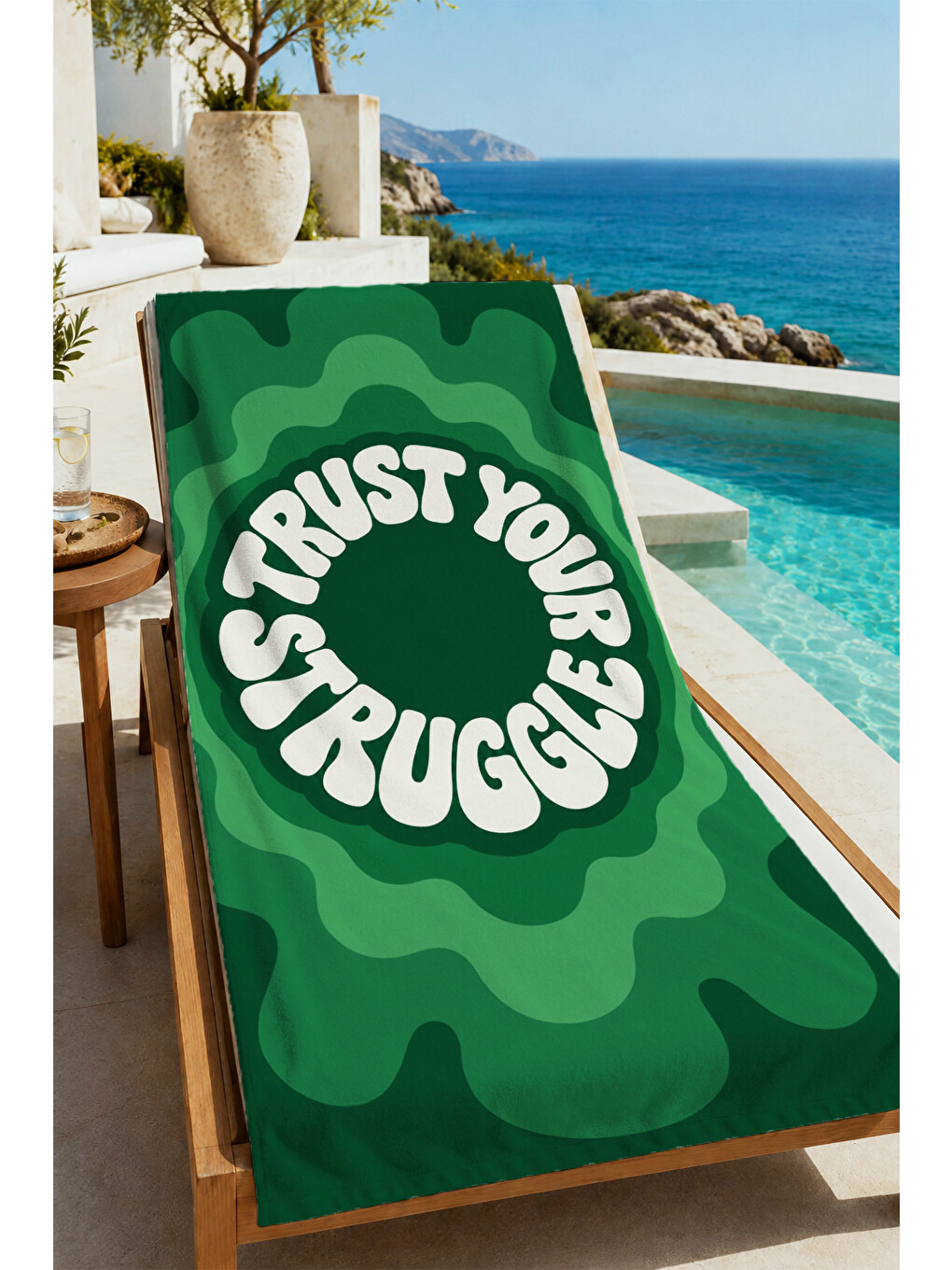 Retro Trust Your Struggle Yeşil Desenli 70x150 Plaj Havlusu - Dijital Baskılı Solmaz Banyo Havlusu-1