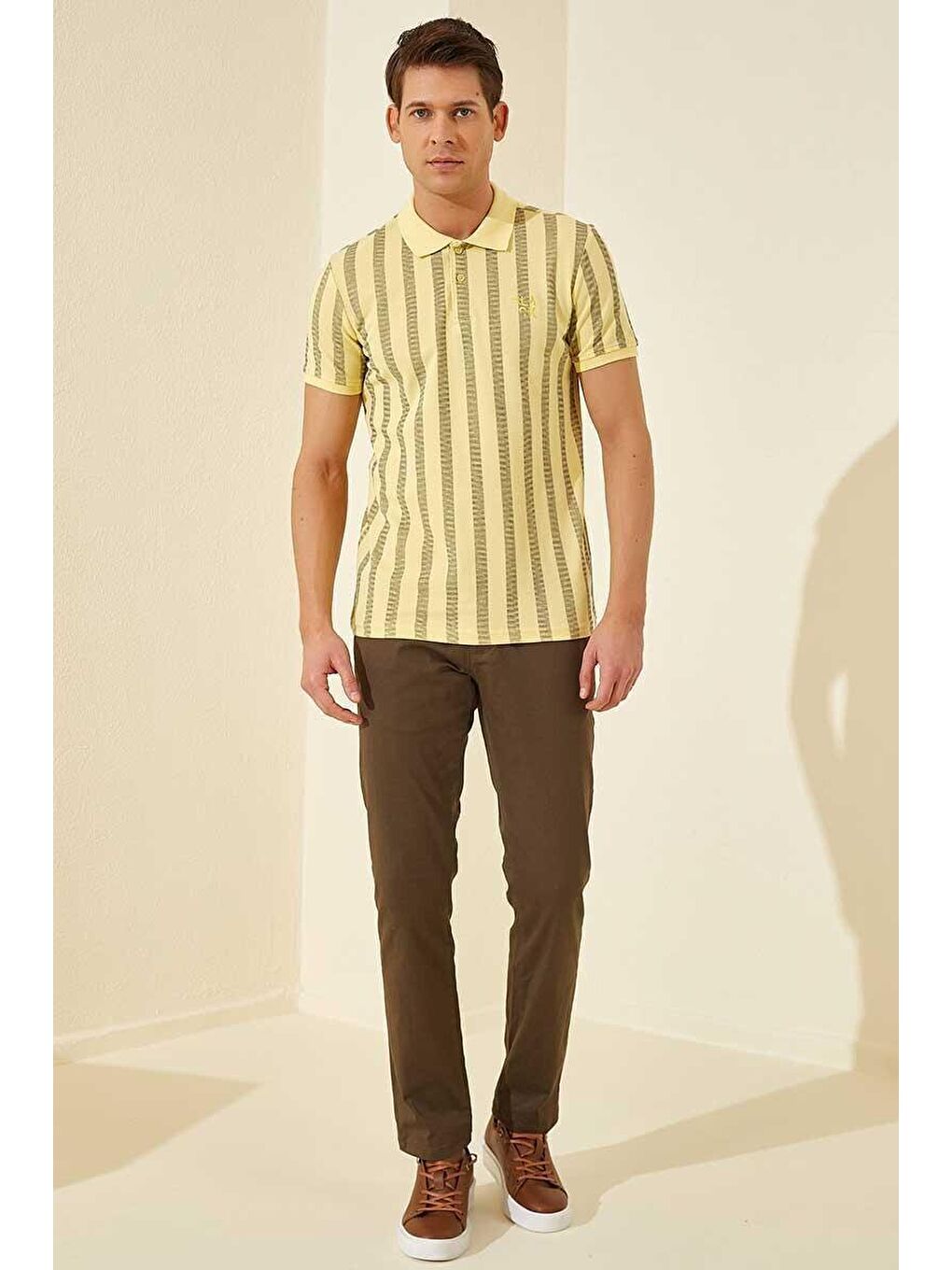 Sarı Desen Çizgili Standart Kalıp Polo Yaka Erkek Tişört - 87805-2