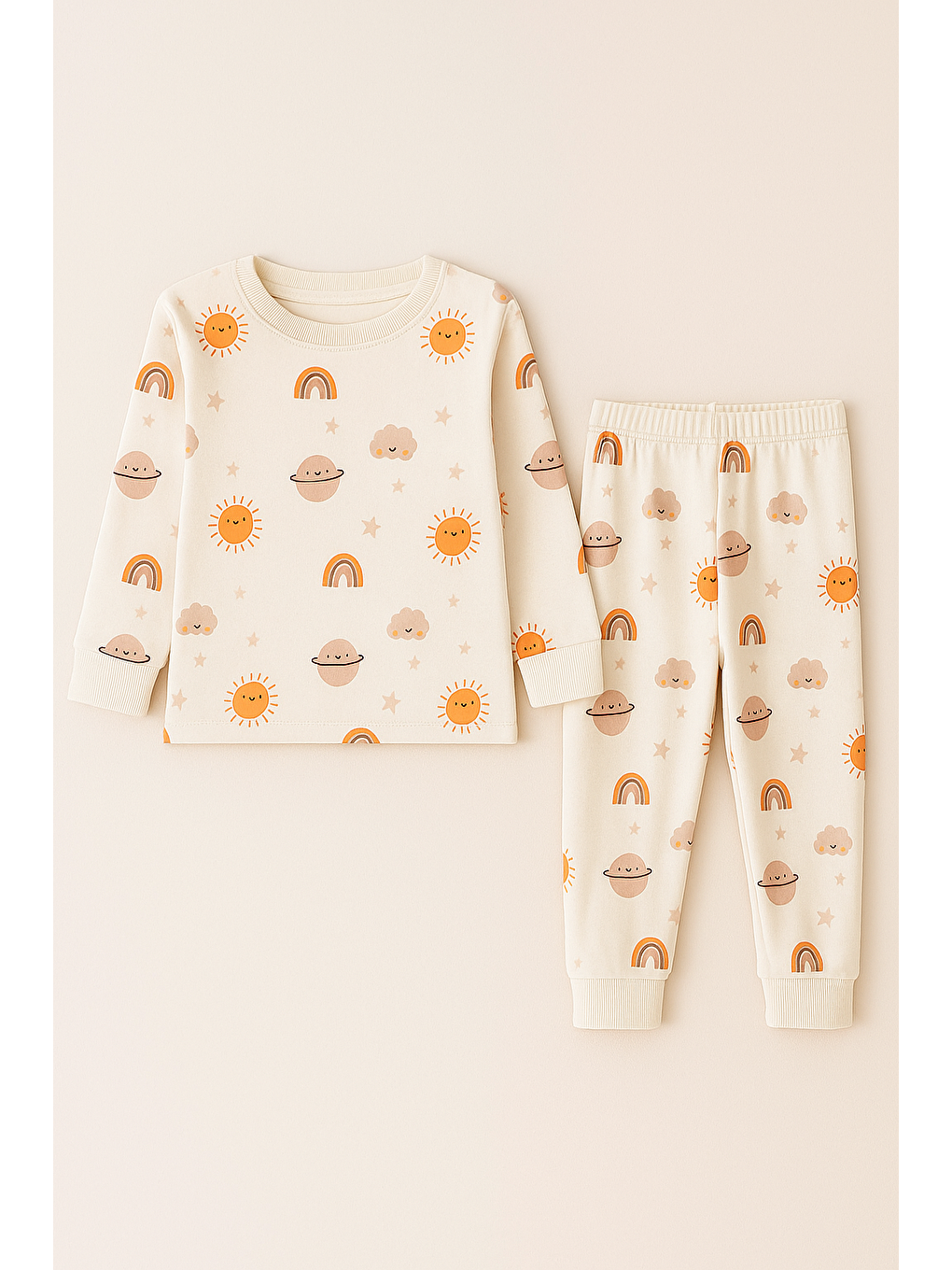 Çocuk Gezegen Desenli Pijama Takımı Ekru