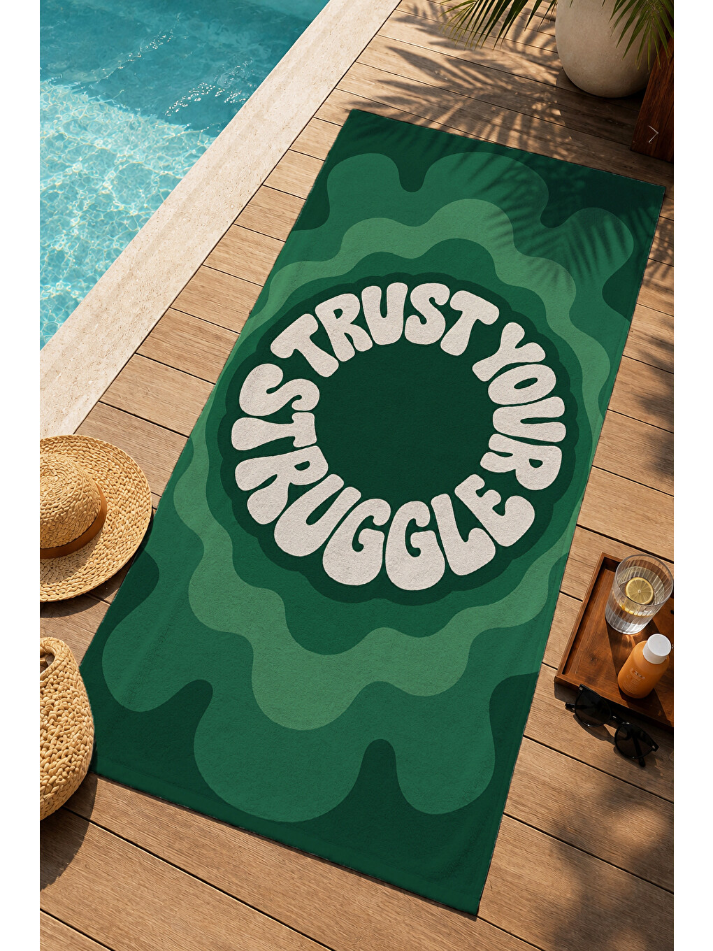 Retro Trust Your Struggle Yeşil Desenli 70x150 Plaj Havlusu - Dijital Baskılı Solmaz Banyo Havlusu-3