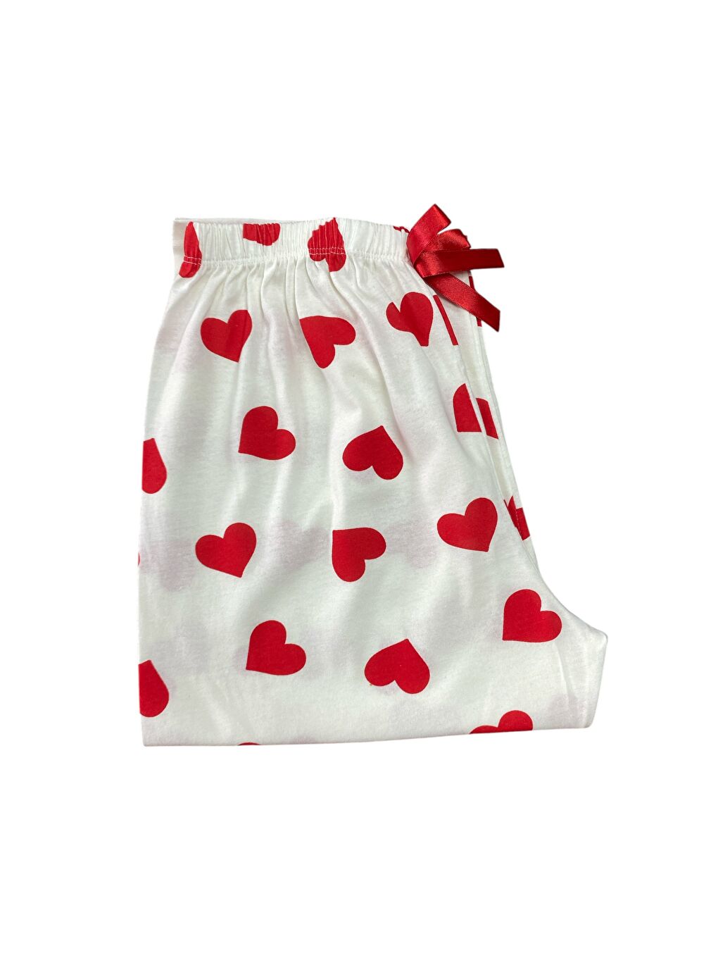 Beyaz Kadın Kırmızı Kalpli Pamuklu Lastikli Rahat Kapri Pijama Altı-2
