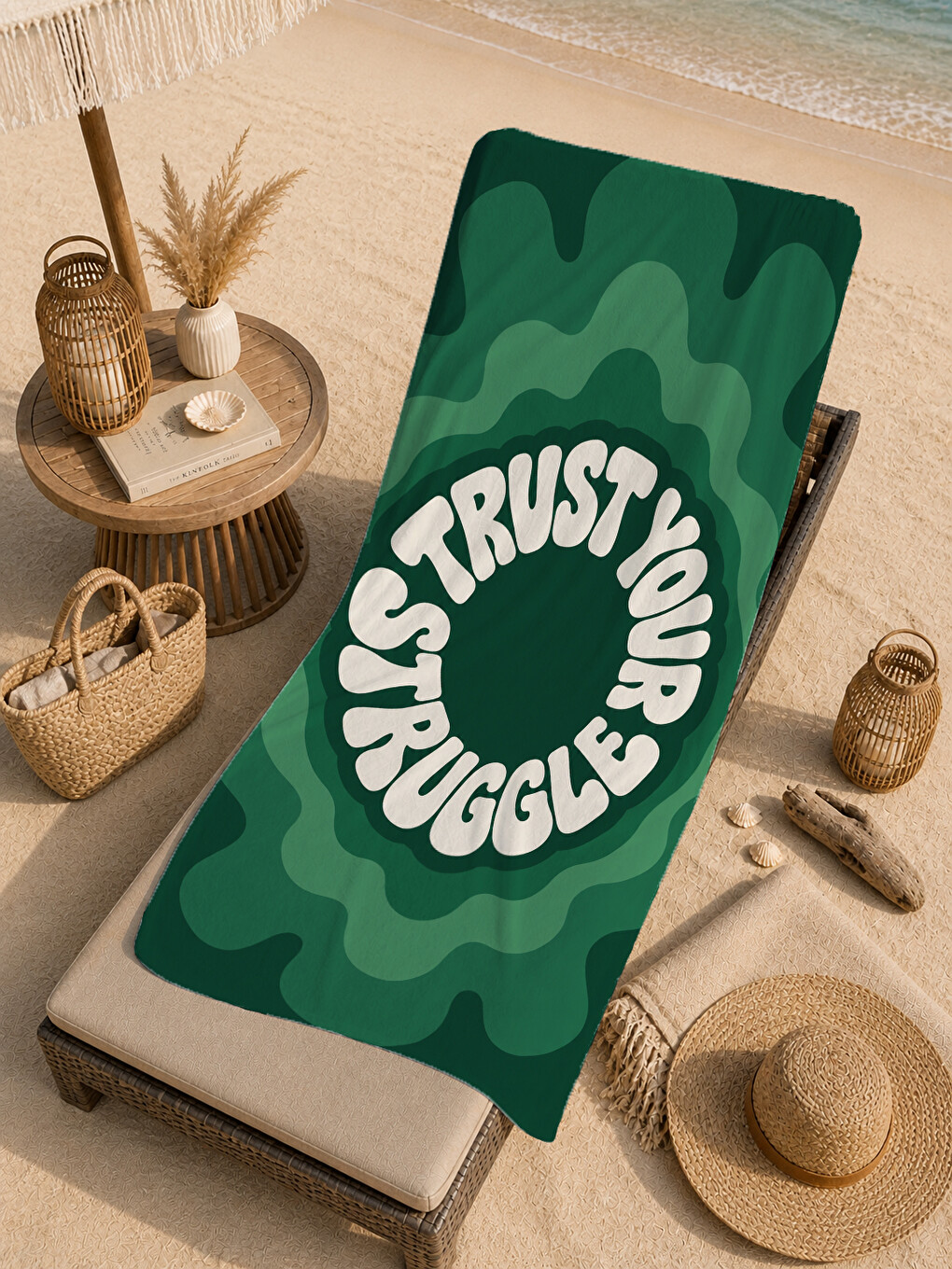Retro Trust Your Struggle Yeşil Desenli 70x150 Plaj Havlusu - Dijital Baskılı Solmaz Banyo Havlusu-4