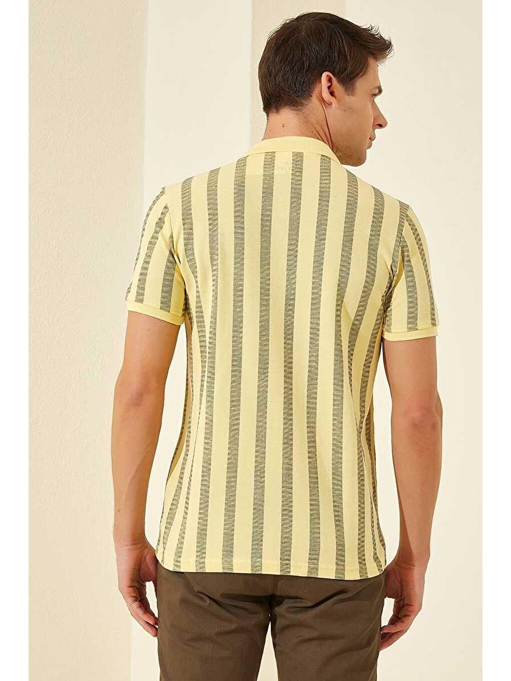 Sarı Desen Çizgili Standart Kalıp Polo Yaka Erkek Tişört - 87805-3