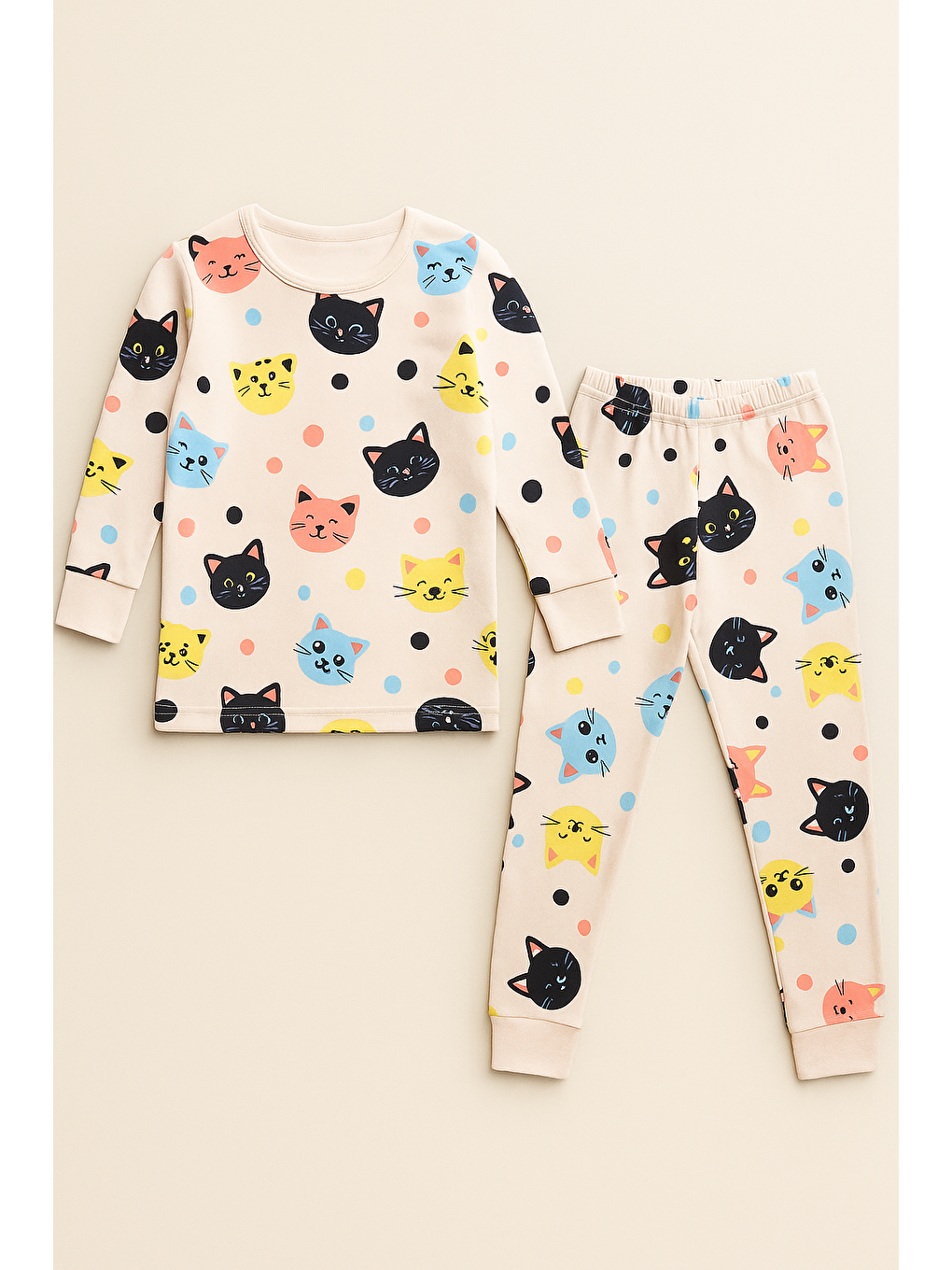 Kız Çocuk Kedi Desenli Pijama Takımı Açık Pembe-2