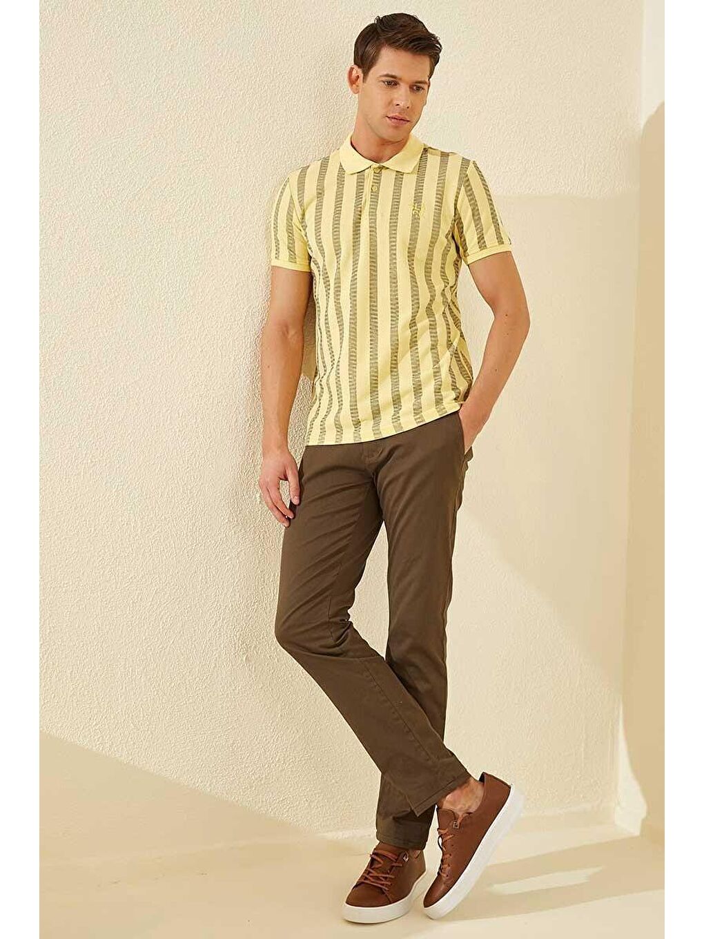 Sarı Desen Çizgili Standart Kalıp Polo Yaka Erkek Tişört - 87805-4