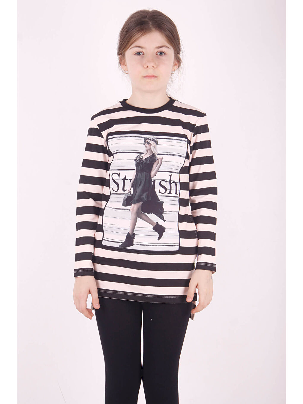 Ekru Kız Çocuk Çizgili Kız Baskılı Tişört