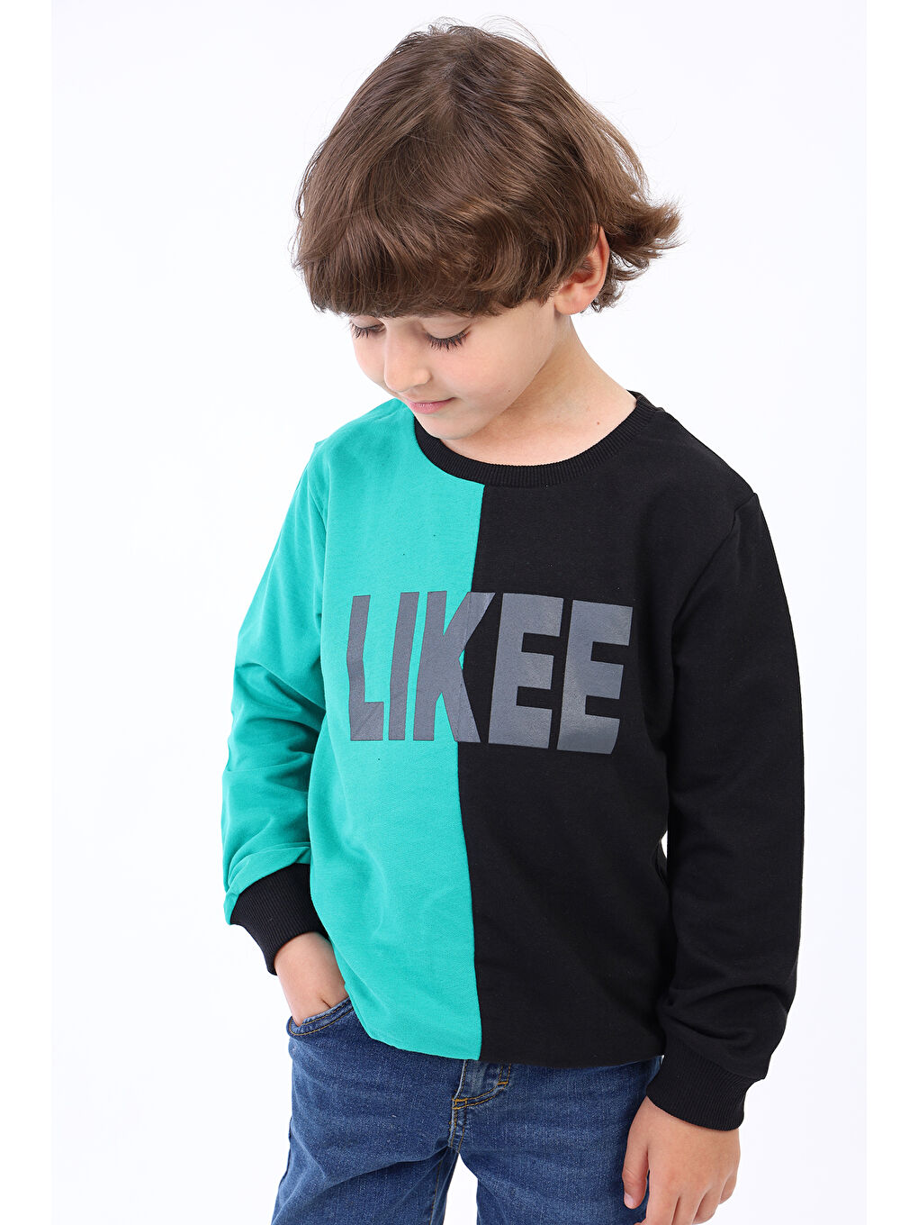 Yeşil Erkek Çocuk İki Renkli Baskılı Sweatshirt