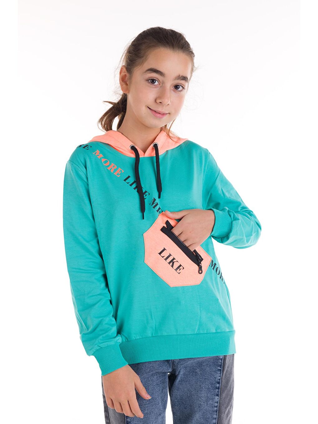 Yeşil Kız Çocuk Like Yazı Baskılı Çantalı Kapüşonlu Sweatshirt 14181-1