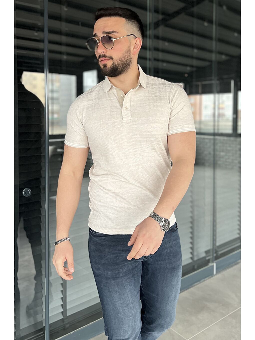 Bej Polo Yaka Ön Düğmeli Desenli Elastanlı Erkek Büyük Beden Tişört-1