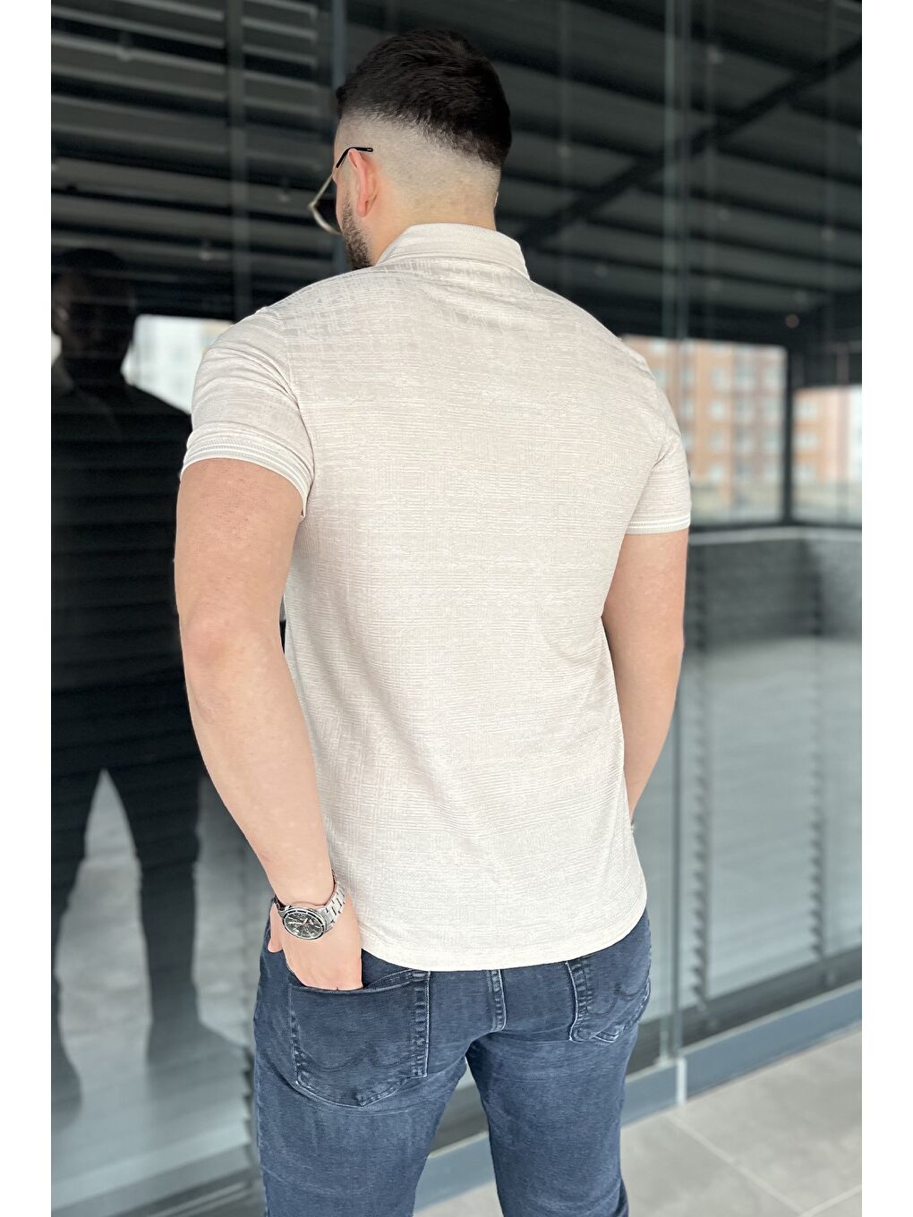 Bej Polo Yaka Ön Düğmeli Desenli Elastanlı Erkek Büyük Beden Tişört-2