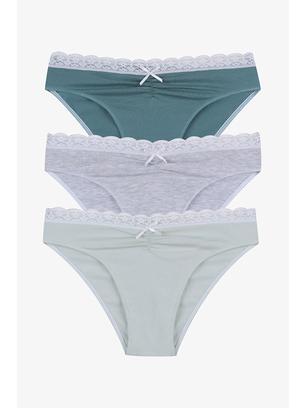 Yeşil Kadın Ön Bel Dantelli Büzgülü ve Fiyonk Detaylı Lastikli Külot 3'lü