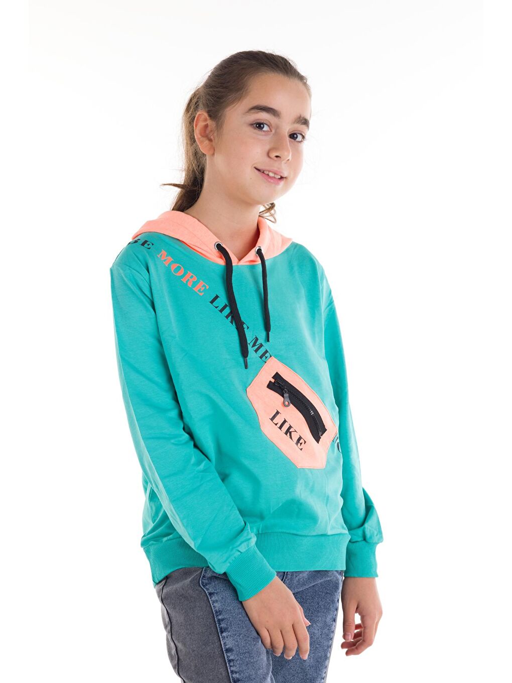 Yeşil Kız Çocuk Like Yazı Baskılı Çantalı Kapüşonlu Sweatshirt 14181-2
