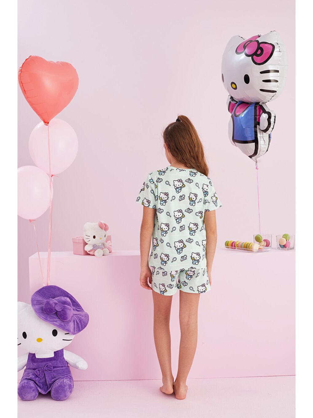 SİYAH İNCİ Yeşil Hello Kitty Lisanslı %100 Pamuk Yeşil Çok Renkli Bisklet Yaka Şort Pijama Takım - 2