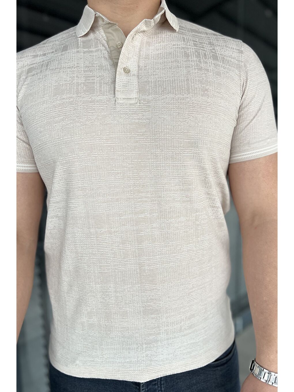 Bej Polo Yaka Ön Düğmeli Desenli Elastanlı Erkek Büyük Beden Tişört-3