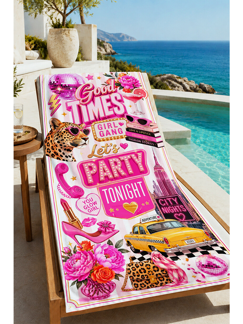 Pop Art Good Times Party Yazılı Pembe Kolaj Desenli 70x150 Plaj Havlusu - Pamuklu Banyo Havlusu