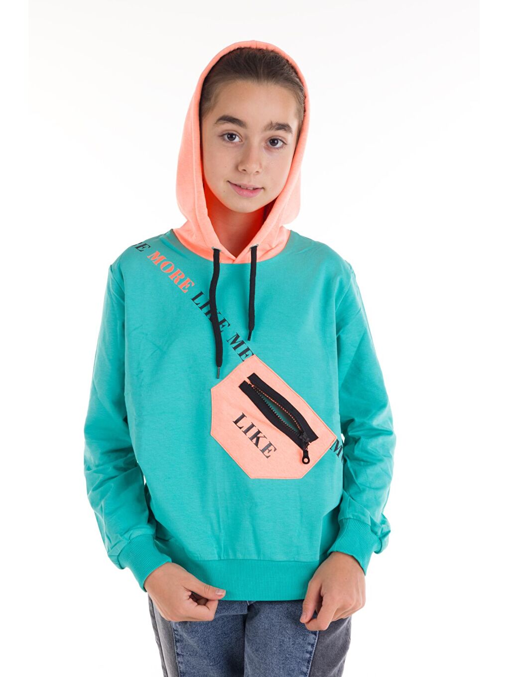 Yeşil Kız Çocuk Like Yazı Baskılı Çantalı Kapüşonlu Sweatshirt 14181-3