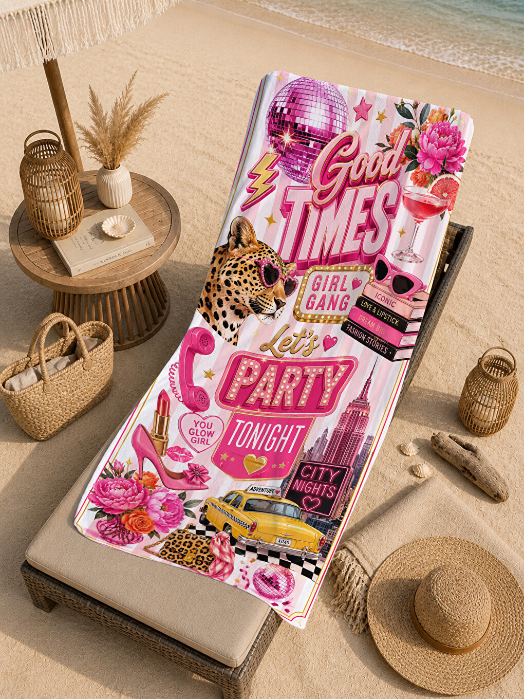 Pop Art Good Times Party Yazılı Pembe Kolaj Desenli 70x150 Plaj Havlusu - Pamuklu Banyo Havlusu-1